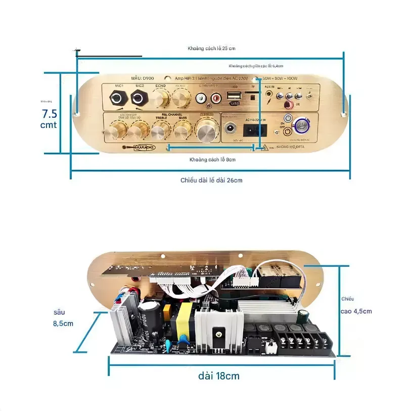 Mạch D900 2.1 Karaoke Bluetooth — 50W×2 + Sub 100W, Chip Class-D Chống Hú