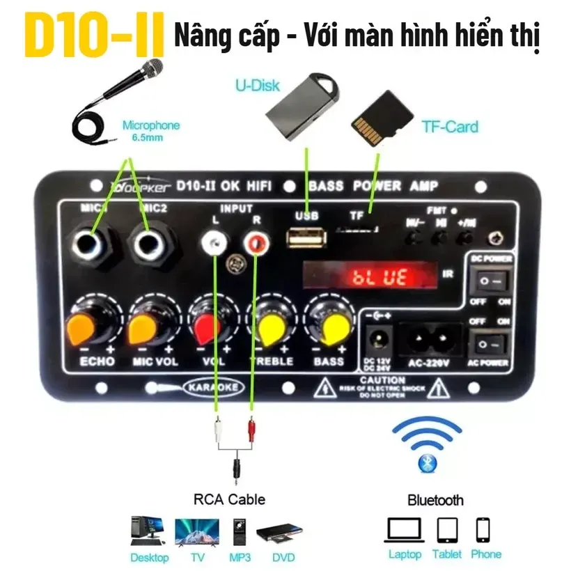 Mạch Karaoke Bluetooth D10-II 120W — Chạy 220V Hoặc 12-24V, Chống Hú