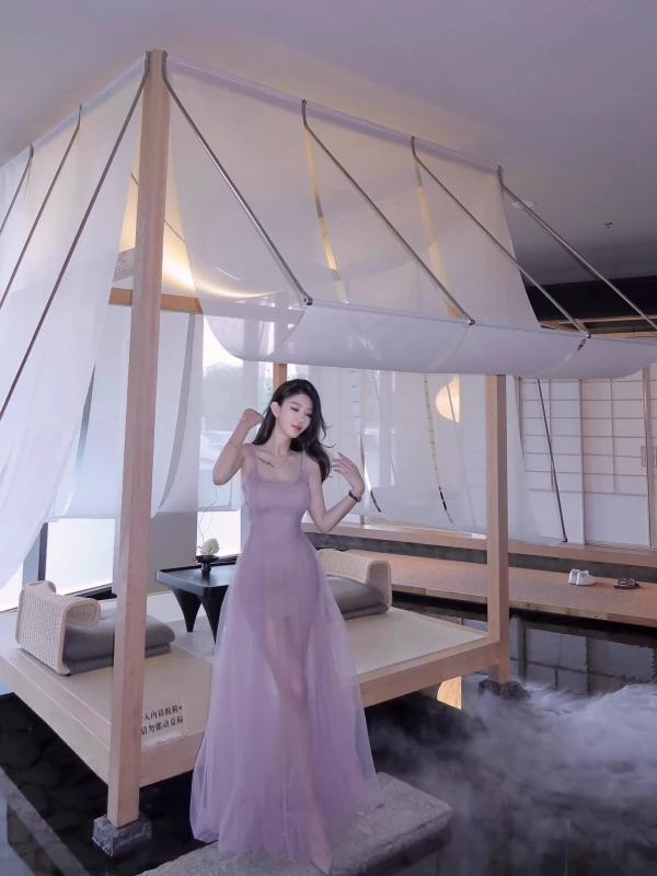 Váy lưới dài màu tím kiểu dáng Pure Desire gợi cảm ôm sát eo, váy chữ A dài hoa phong cách ngày lễ